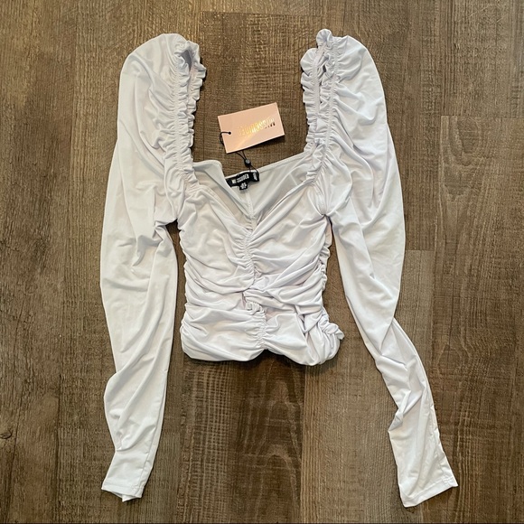 Missguided white ruched milkmaid top long sleeve puff shoulder - Picture 2 of 4